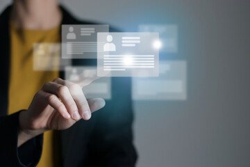 Manager choosing one of many different cv resume cards with candidates information. Human resources...