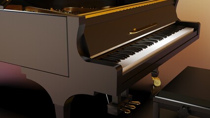 Fototapeta na wymiar Black-gold Grand Piano under spot lighting background on brown-white surface. 3D illustration. 3D CG. 3D high quality rendering. 