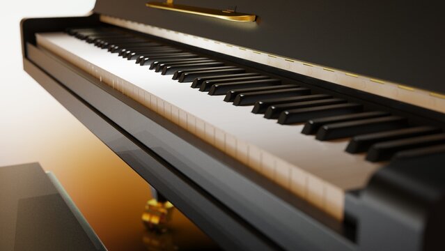 Black-gold Grand Piano under spot lighting background on brown-white surface. 3D illustration. 3D CG. 3D high quality rendering.  