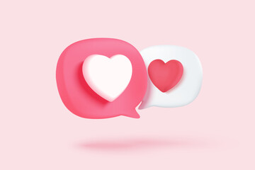 3D social media online platform concept, online social communication on applications, Photo frame with heart and love emoji icon, like and play in red bubble icons. 3d heart vector render concept