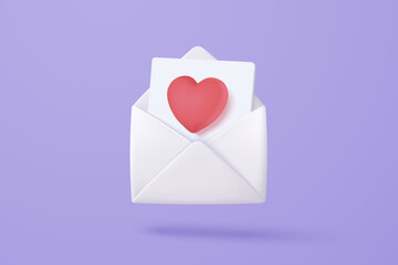 3d mail envelope icon with red heart notification new message. Minimal email letter with pop up speech icon. Happy valentine day message in love concept. 3d envelope vector icon render illustration - obrazy, fototapety, plakaty