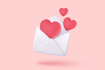 3d mail envelope icon with red heart notification new message. Minimal email letter with pop up speech icon. Happy valentine day message in love concept. 3d envelope vector icon render illustration - obrazy, fototapety, plakaty