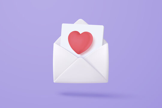 3d mail envelope icon with red heart notification new message. Minimal email letter with pop up speech icon. Happy valentine day message in love concept. 3d envelope vector icon render illustration