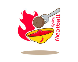 Hot and spicy grilled meatball logo icon with flame fire. Asian traditional street food. Food concept design. Flat cartoon style. Isolated white background. vector art illustration