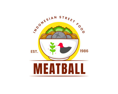 Bakso Or Meatball With Noodle And Vegetable Logo Icon. Flat Cartoon Style. Asian Food Concept Design. Indonesian Traditional Street Food. Vector Art Illustration Isolated White Background