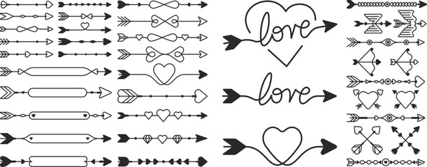 Heart arrow icon set. Vector art love arrows isolated. Cupid arrow design on transparent PNG background 