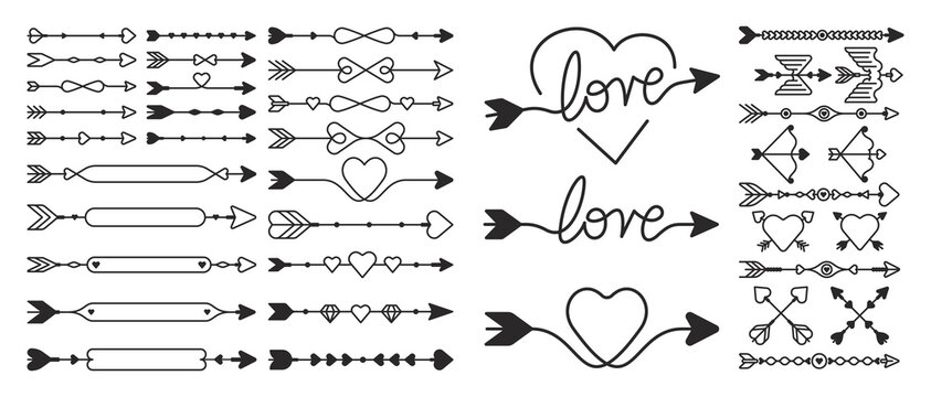 Heart arrow icon set. Vector art love arrows isolated. Cupid arrow design on transparent PNG background 