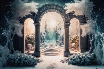 Ancient architecture arch with a pathway in a frozen winter landscape