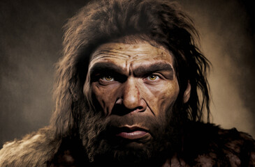 Obraz na płótnie Canvas Generative AI illustration of neanderthal prehistoric caveman