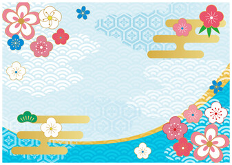 和柄花柄_ブルー背景