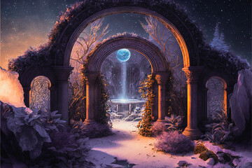 Ancient architecture arch with a pathway in a frozen winter landscape