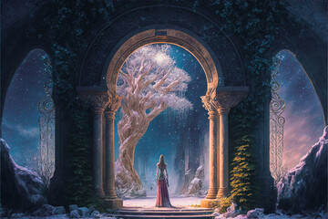 Ancient architecture arch with a  person standing on a pathway in a frozen winter landscape