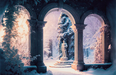 Ancient architecture arch with a statue and pathway in a frozen winter landscape
