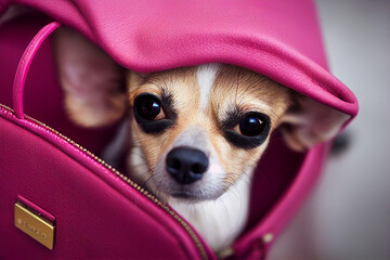 a small chihuahua dog sits in a small pink women's handbag, generative AI