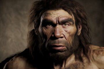Generative AI illustration of neanderthal prehistoric caveman - obrazy, fototapety, plakaty