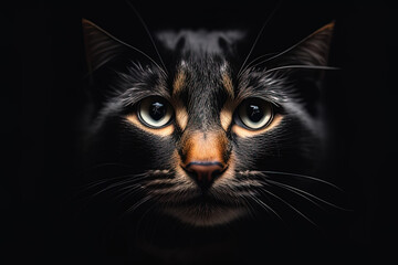 photography a close up of a cat's face on a black background