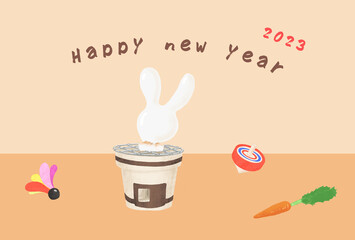 七輪で焼いた餅うさぎとお正月のご挨拶_年賀状用のイラスト_Happy New Year