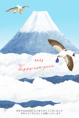 富士山と鷹に乗ったうさぎが新年おご挨拶をする年賀状用のイラスト_Happy new year