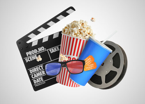 Movie clapper, drink, pop corn, 3D glasses and film reel on white background. Collage design