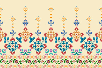 Ikat pixel paisley ethnic seamless pattern decoration design. Aztec fabric carpet boho mandalas textile wallpaper. Tribal native motif ornaments African American folk traditional embroidery vector 