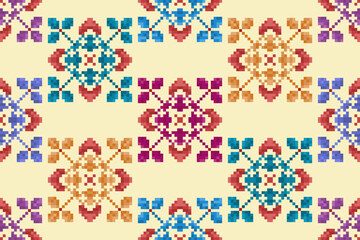 Ikat pixel paisley ethnic seamless pattern decoration design. Aztec fabric carpet boho mandalas textile wallpaper. Tribal native motif ornaments African American folk traditional embroidery vector 