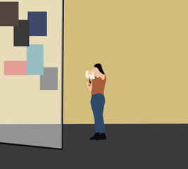 Fototapeta premium Woman cutting paper and putting up a poster on wall for advertising. Office interior. Modern copy space