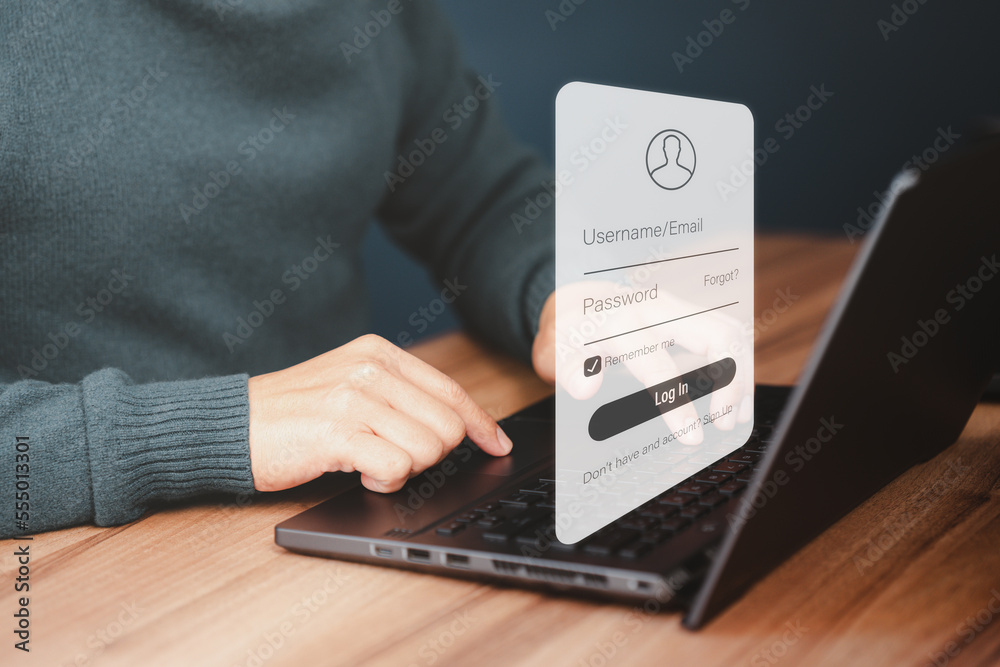 Poster Man protecting personal data on a computer laptop and virtual interface. Cyber security concept to protect data. Secure encryption and access to the user's private information to access the internet.