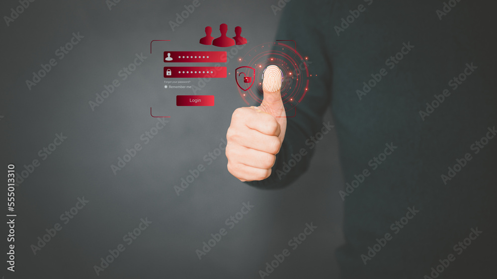 Poster Man login with fingerprint scanning technology. Security concepts and fingerprint password control in the technology of the future.