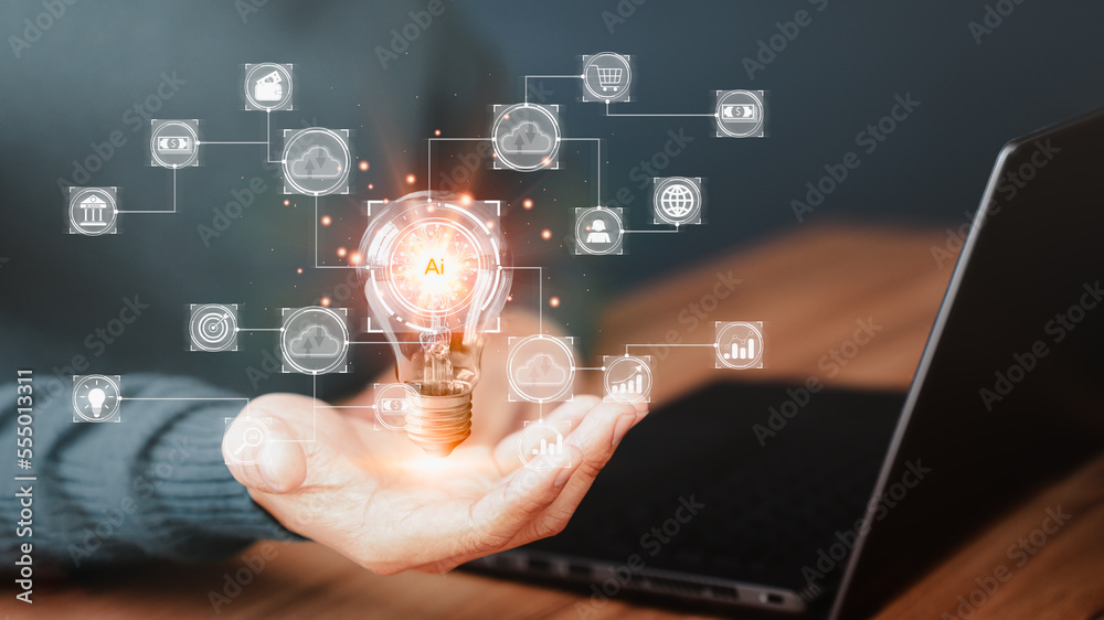 Poster Man holding a light bulb while working on a laptop to think and create new ideas. Ai technology, cloud computing, technology bigdata and business process strategy and smart industry.