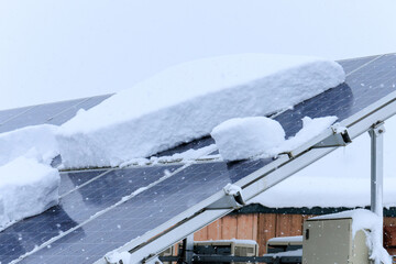 雪が積もった太陽光パネル　発電　雪国　冬
