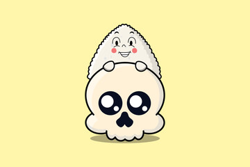 Cute Rice japanese sushi cartoon character hiding in skull illustration in flat modern design