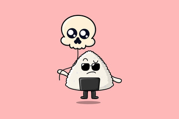 Cute cartoon Rice japanese sushi floating with skull balloon flat cartoon vector icon illustration