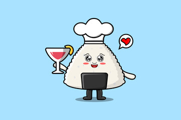 Cute cartoon Rice japanese sushi chef character holding wine glass flat cartoon style illustration