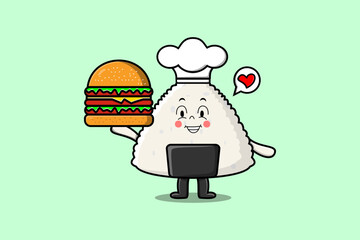 Cute cartoon Rice japanese sushi chef character holding burger in flat cartoon style illustration