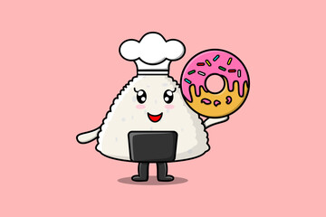Cute cartoon Rice japanese sushi chef character donuts in flat cartoon style illustration