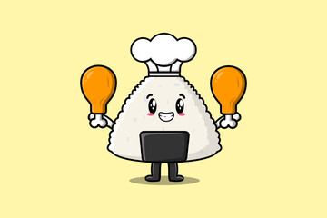 Cute cartoon Rice japanese sushi chef character holding two chicken thighs flat style illustration