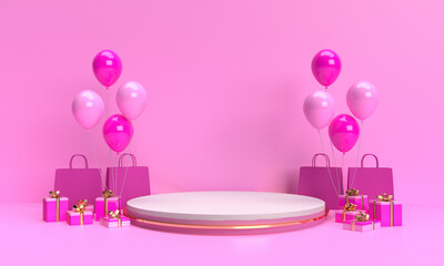 Podium stand white pink color balloon red bag shop gift award background wallpaper symbol decoration ornament business showcase pastel sell buy online advertise product romantic happy valentine day