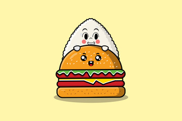 Cute Rice japanese sushi cartoon character hiding in burger illustration in flat modern design