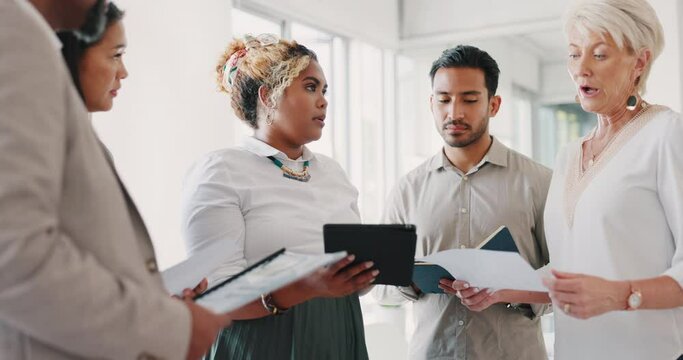 Business meeting, woman and leader with team for planning, thinking and project management in office. Leadership, business people and documents for proposal, startup and idea in meeting for vision