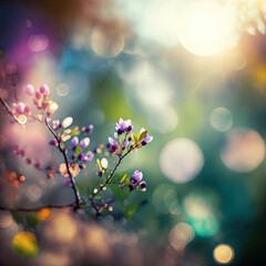 Blossom Spring Bokeh in Pink and Turquoise Blue Background featuring Tiny Violet Flowers and Branches from the Left Side by Generative AI Illustrations