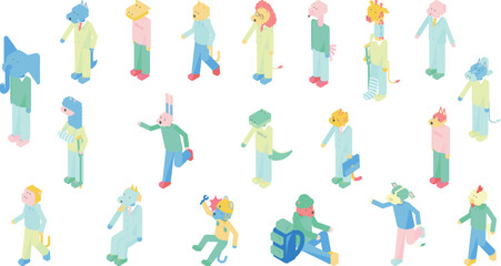 様々な動物キャラクターのアイソメイラストのセット