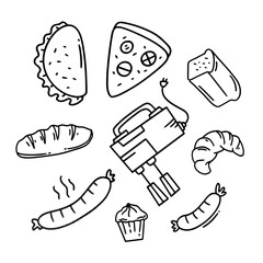 Vector bakery bread and cake doodle art set bundle for food and drink resources with line style