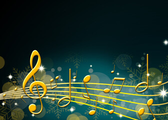 Christmas melody. Music notes and snowflakes on dark background, space for text. Illustration design