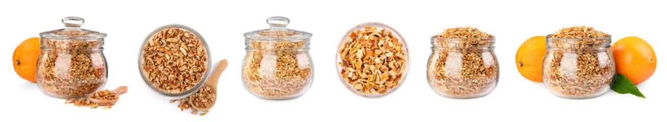 Collage with dried orange zest seasoning on white background, banner design