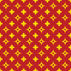 Gold flower in rotated square shape with twinkling star in row on red background. Modern thai art seamless pattern. Traditional vector illustration.