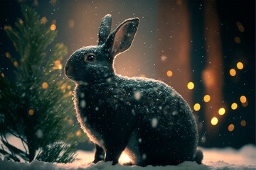 Cute black rabbit symbol of the new year sitting in the white snow, with a Christmas tree and twinkling holiday lights in the background