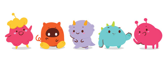 Cute and Kawaii monster kids icon set. Collection of cute cartoon monsters in different joyful characters. Funny devil, alien, demon and creature flat vector design for comic, education, presentation. © TWINS DESIGN STUDIO