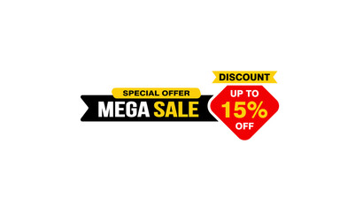 15 Percent MEGA SALE offer, clearance, promotion banner layout with sticker style.