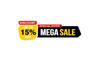 15 Percent MEGA SALE offer, clearance, promotion banner layout with sticker style.