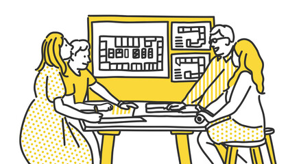 オフィスでミーティング中のスタッフのイラスト